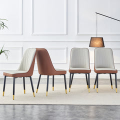 A modern dining chair with a light gray brown dual tone PU leather backrest and black metal legs, suitable for kitchens, bedrooms, and offices. Set of 4 pieces (light gray+brown+PU)C-007  W1151118958