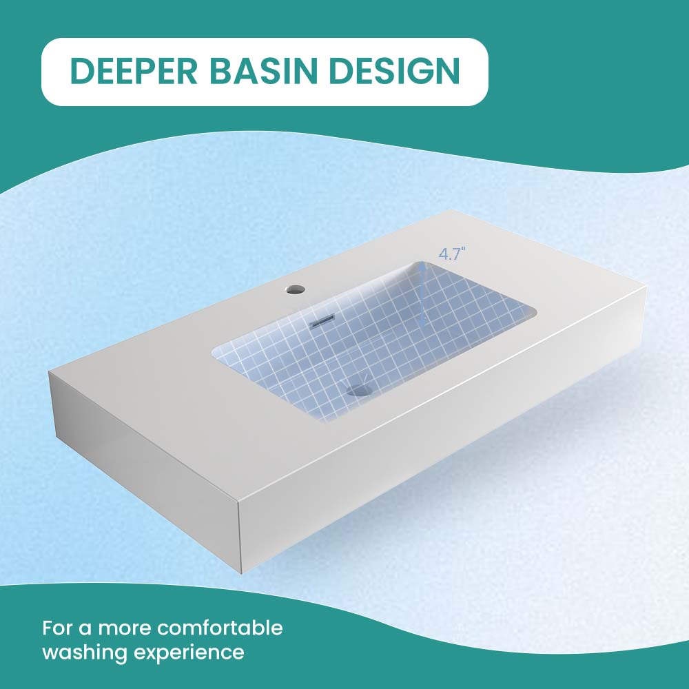 BB02-36-101, Integrated solid surface basin WITHOUT drain and faucet, glossy white color