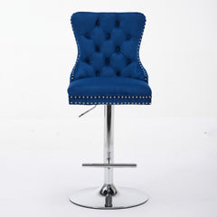 Thick Chrome Swivel Velvet Barstools,Adjustable 25-33"Height,Modern Upholstered with17.7" Base,Tufted Buttons&Diamond Pleating,Sponge&Spring Seat,for Home Pub&Kitchen Island(Blue, Set of 2)