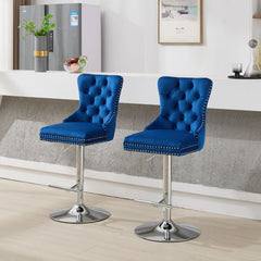 Thick Chrome Swivel Velvet Barstools,Adjustable 25-33"Height,Modern Upholstered with17.7" Base,Tufted Buttons&Diamond Pleating,Sponge&Spring Seat,for Home Pub&Kitchen Island(Blue, Set of 2)