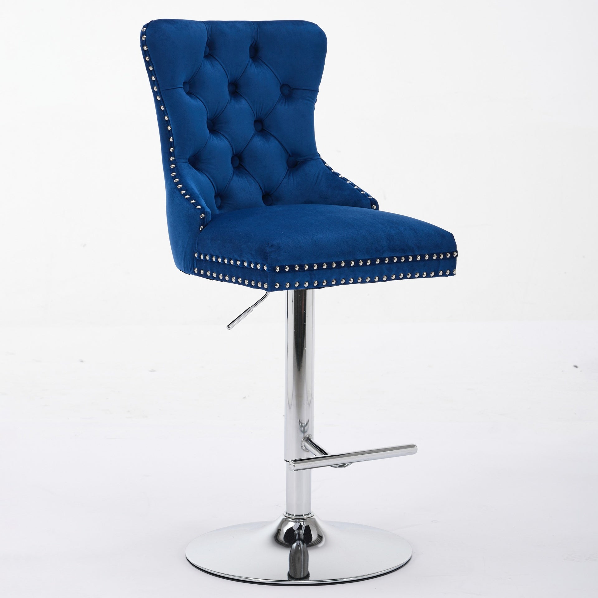 Thick Chrome Swivel Velvet Barstools,Adjustable 25-33"Height,Modern Upholstered with17.7" Base,Tufted Buttons&Diamond Pleating,Sponge&Spring Seat,for Home Pub&Kitchen Island(Blue, Set of 2)