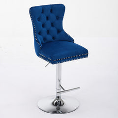 Thick Chrome Swivel Velvet Barstools,Adjustable 25-33"Height,Modern Upholstered with17.7" Base,Tufted Buttons&Diamond Pleating,Sponge&Spring Seat,for Home Pub&Kitchen Island(Blue, Set of 2)