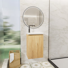 16-Inch Floating Bathroom Vanity with Sink, Pre-assembled, Natural Oak Smooth Front, Multi-Layer Solid Wood, Wall-Mounted, White Stone Top