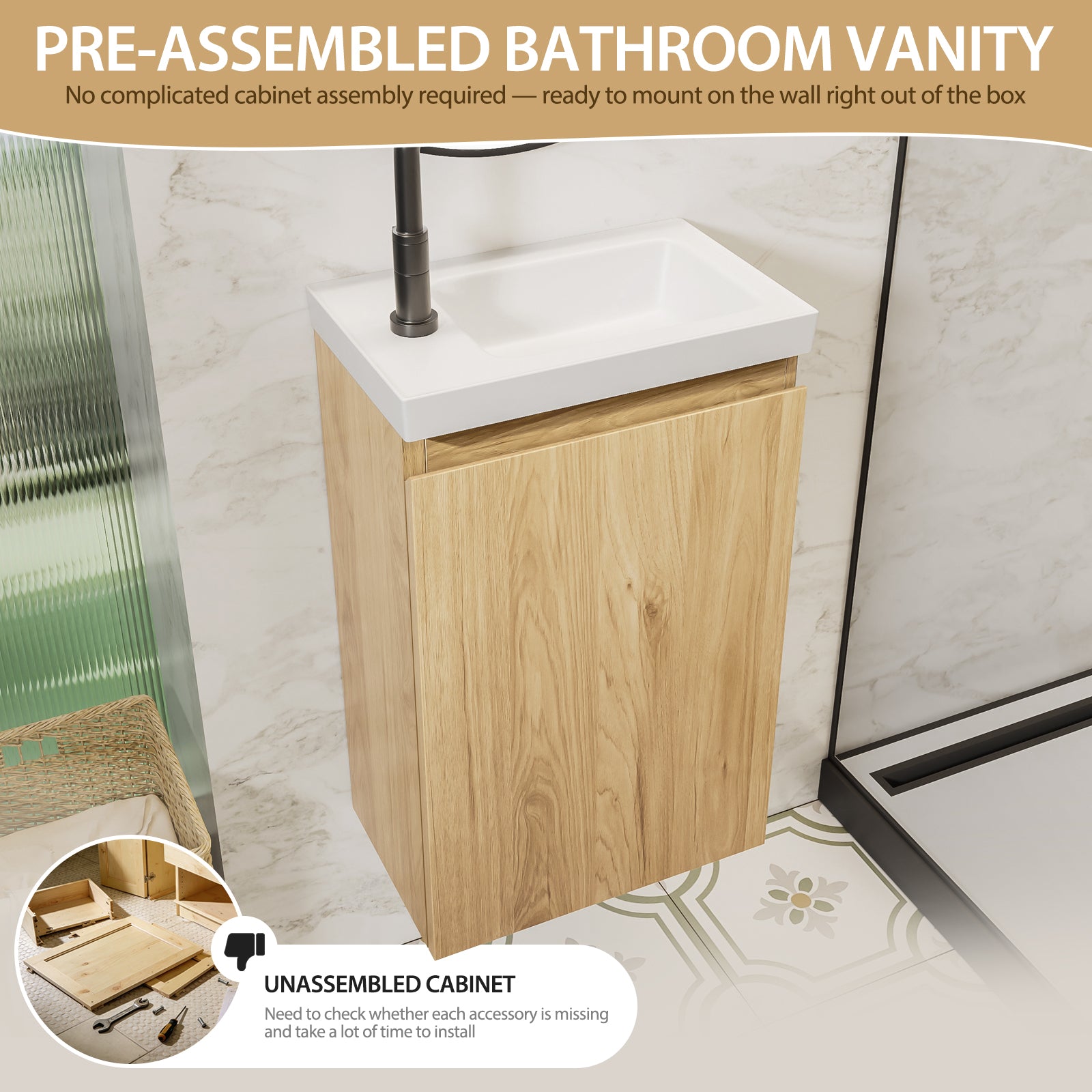 16-Inch Floating Bathroom Vanity with Sink, Pre-assembled, Natural Oak Smooth Front, Multi-Layer Solid Wood, Wall-Mounted, White Stone Top
