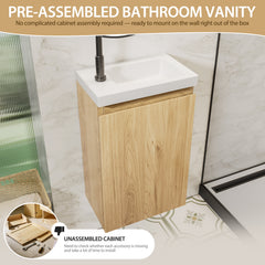 16-Inch Floating Bathroom Vanity with Sink, Pre-assembled, Natural Oak Smooth Front, Multi-Layer Solid Wood, Wall-Mounted, White Stone Top