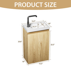 16-Inch Floating Bathroom Vanity with Sink, Pre-assembled, Natural Oak Smooth Front, Multi-Layer Solid Wood, Wall-Mounted, White Stone Top