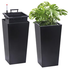 22"Tall Planter Set of 2, Outdoor＆Indoor Black Planter Pots, High Front Porch Planter Pots with Drainage Holes＆Water Level Monitor＆Inner Bucket, Automatic Watering, Black
