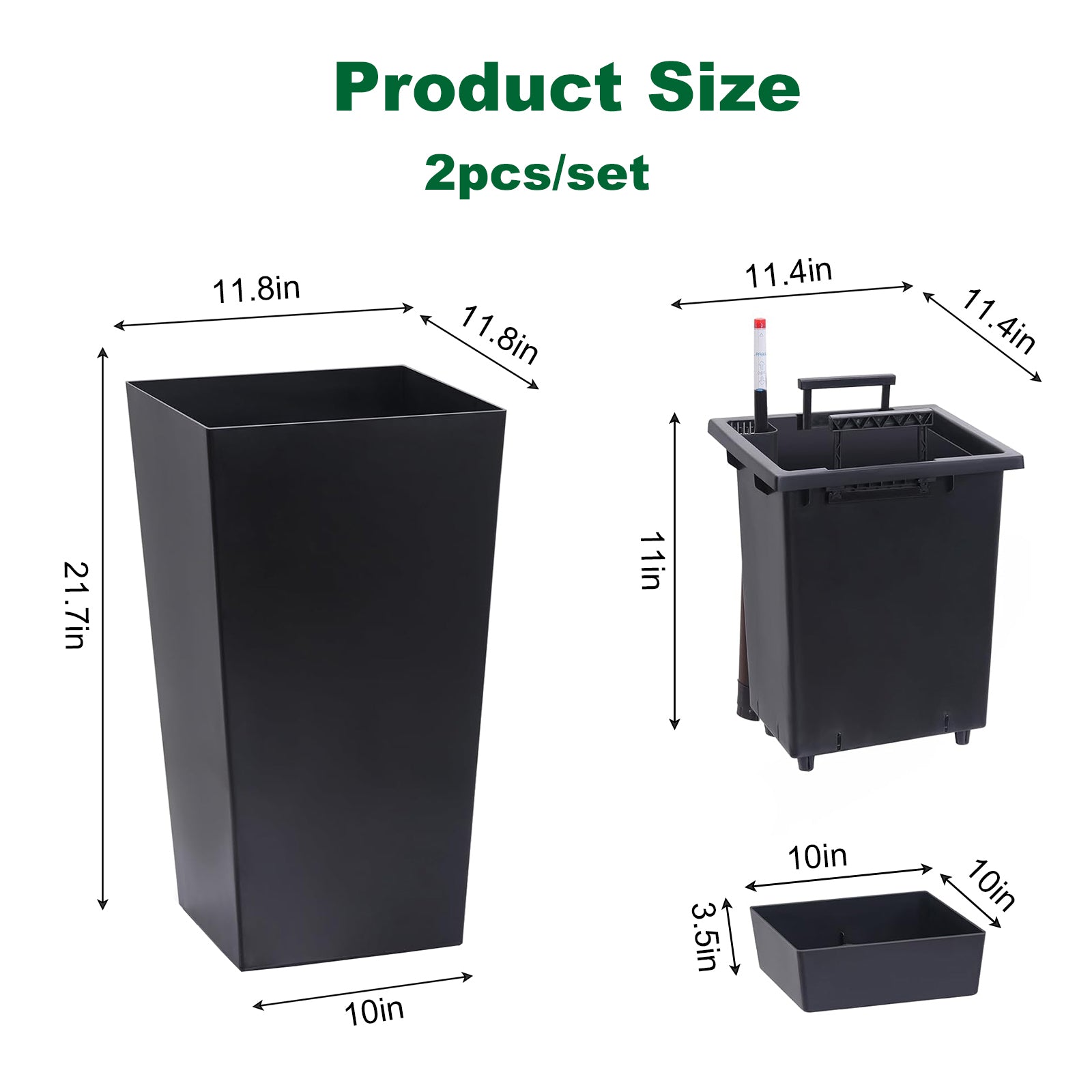 22"Tall Planter Set of 2, Outdoor＆Indoor Black Planter Pots, High Front Porch Planter Pots with Drainage Holes＆Water Level Monitor＆Inner Bucket, Automatic Watering, Black