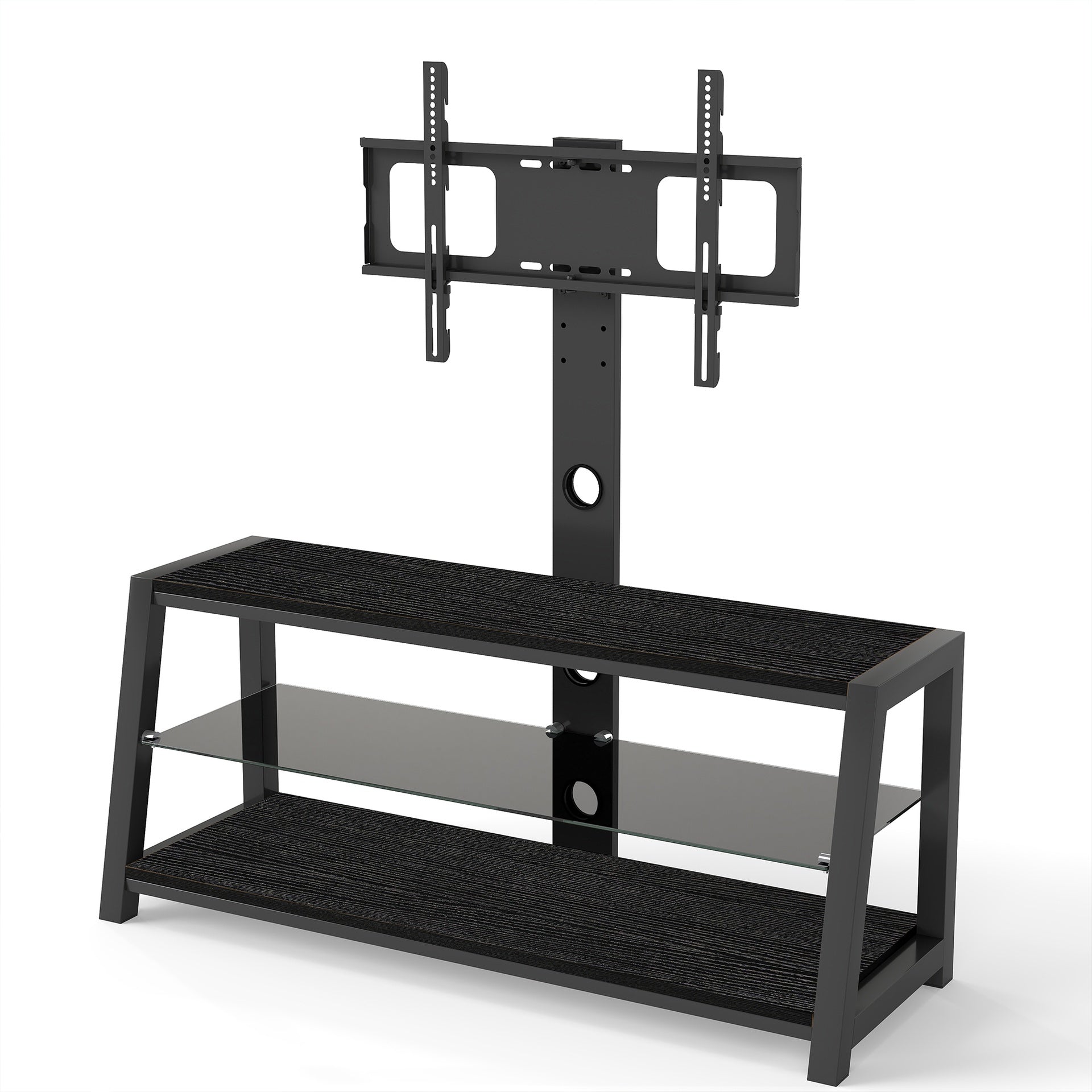Wooden Storage TV Stand Black Tempered Glass Height Adjustable Universal Swivel Entertainment Center With Mount TV Stand,black