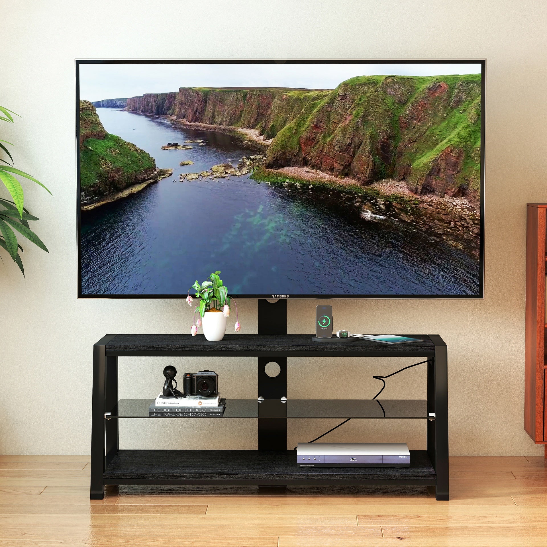 Wooden Storage TV Stand Black Tempered Glass Height Adjustable Universal Swivel Entertainment Center With Mount TV Stand,black