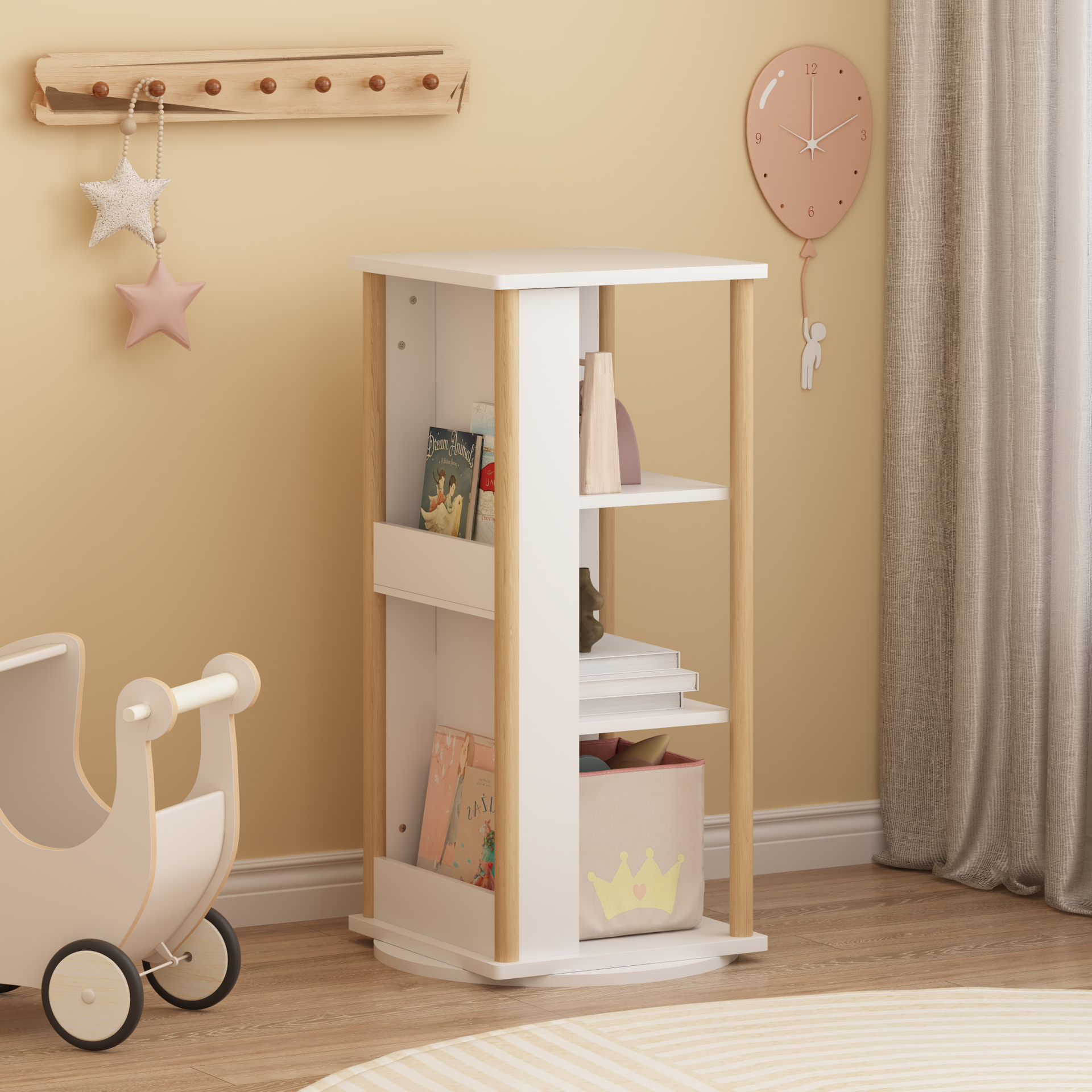 360° Rotating Kids Bookshelf with Chalkboard, 3-Tier Wood Floor Revolving Bookcase & Toy Storage Organizer, Picture Book Display Stand for Toddlers, Nursery & Playroom, White and Natural