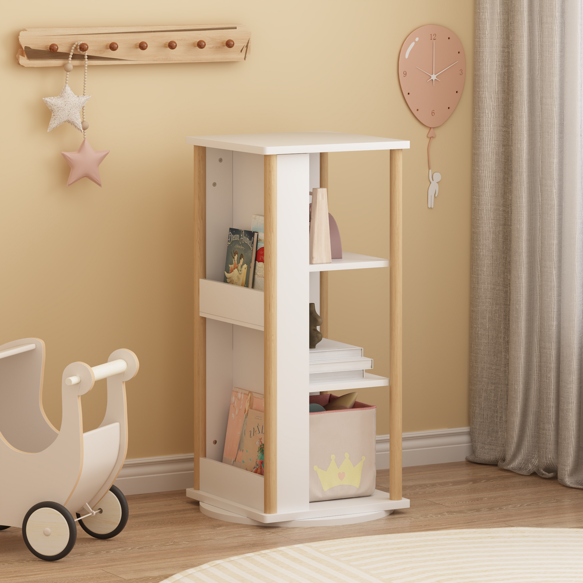 360° Rotating Kids Bookshelf with Chalkboard, 3-Tier Wood Floor Revolving Bookcase & Toy Storage Organizer, Picture Book Display Stand for Toddlers, Nursery & Playroom, White and Natural