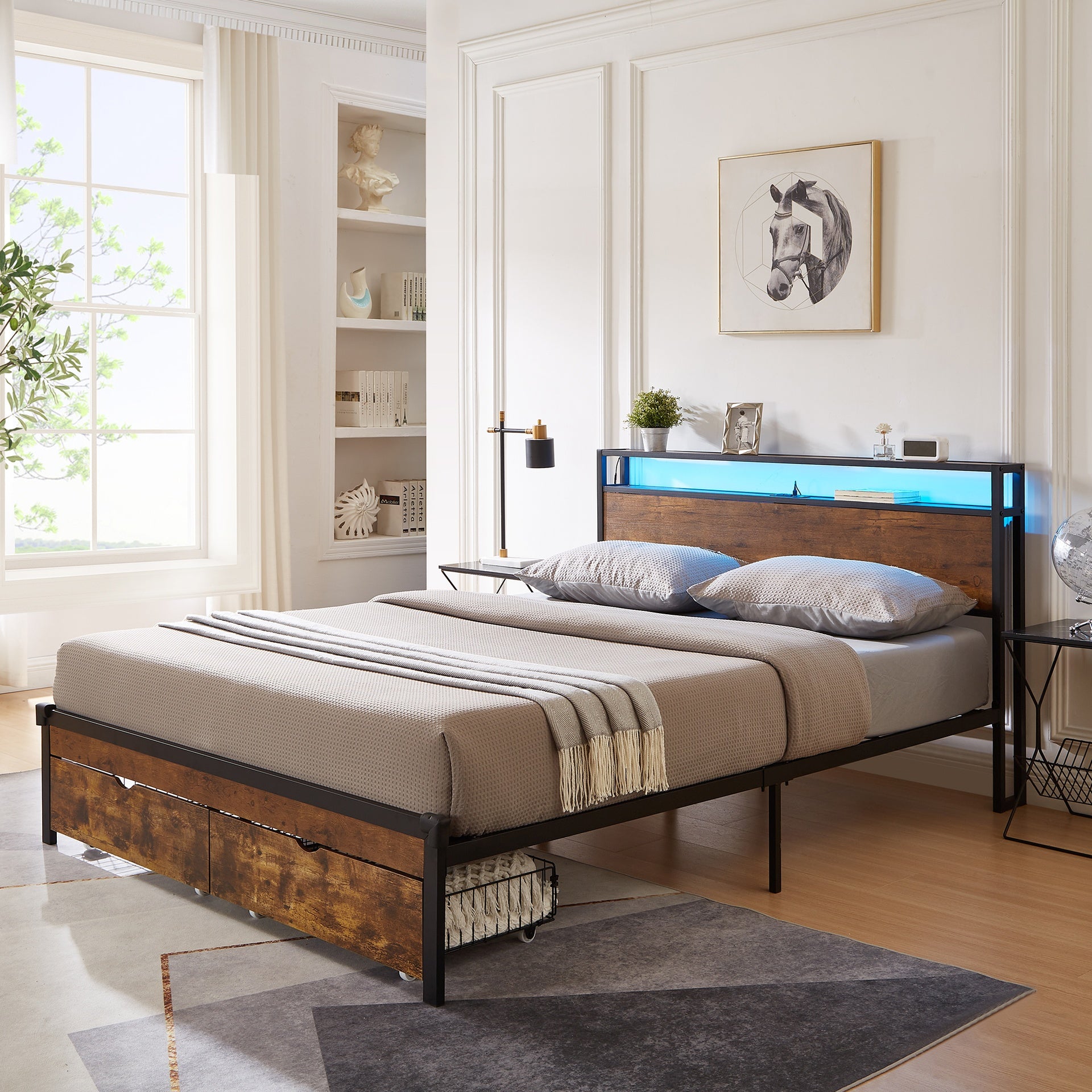 Queen Size Metal Platform Bed Frame with Wooden Headboard and Footboard with USB,Charging Station,2 Drawers,LED Lights, No Box Spring Needed, Easy Assemble