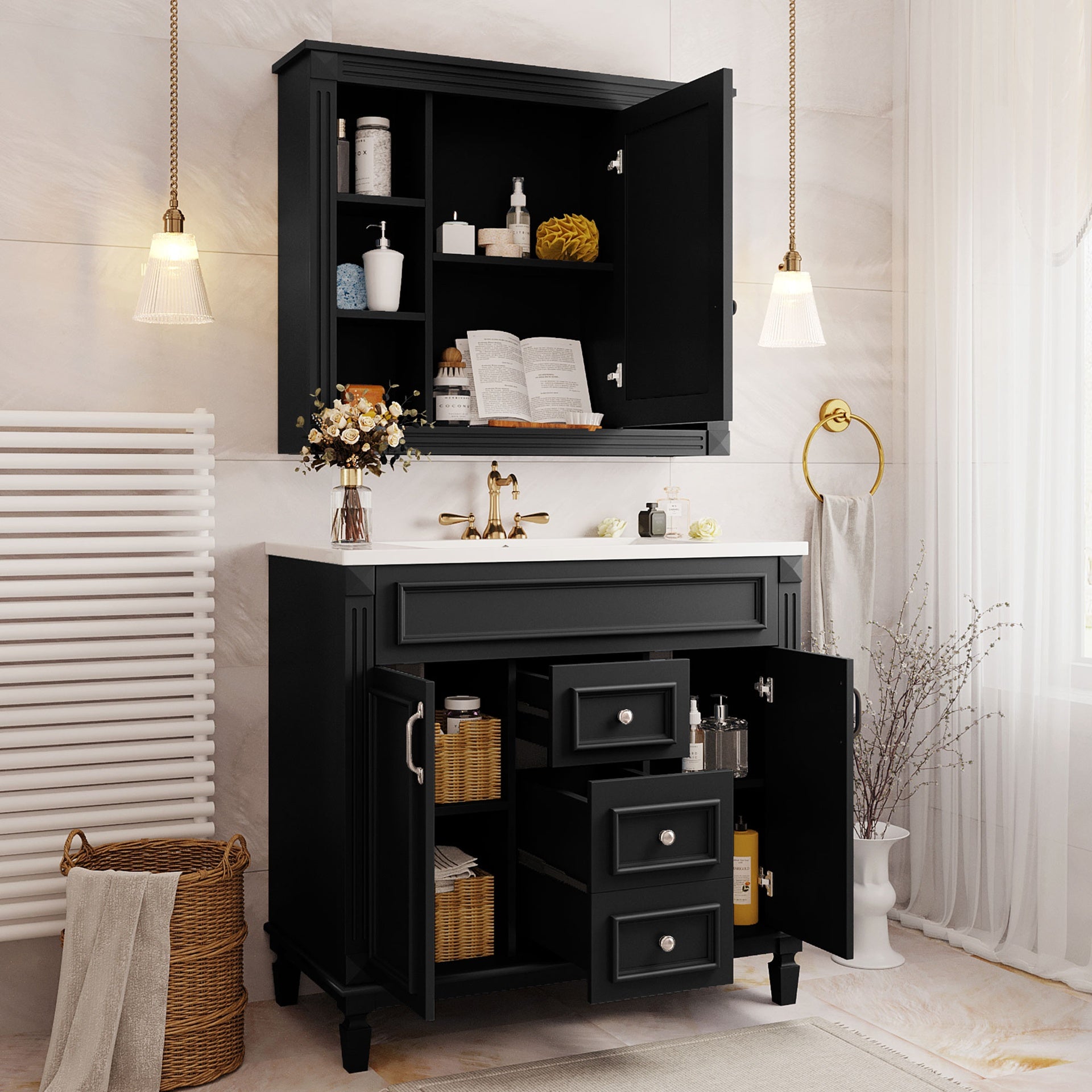 36'' Bathroom Vanity with Top Sink, Black Mirror Cabinet, Modern Bathroom Storage Cabinet with 2 Soft Closing Doors and 2 Drawers, Single Sink Bathroom Vanity