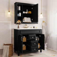 36'' Bathroom Vanity with Top Sink, Black Mirror Cabinet, Modern Bathroom Storage Cabinet with 2 Soft Closing Doors and 2 Drawers, Single Sink Bathroom Vanity