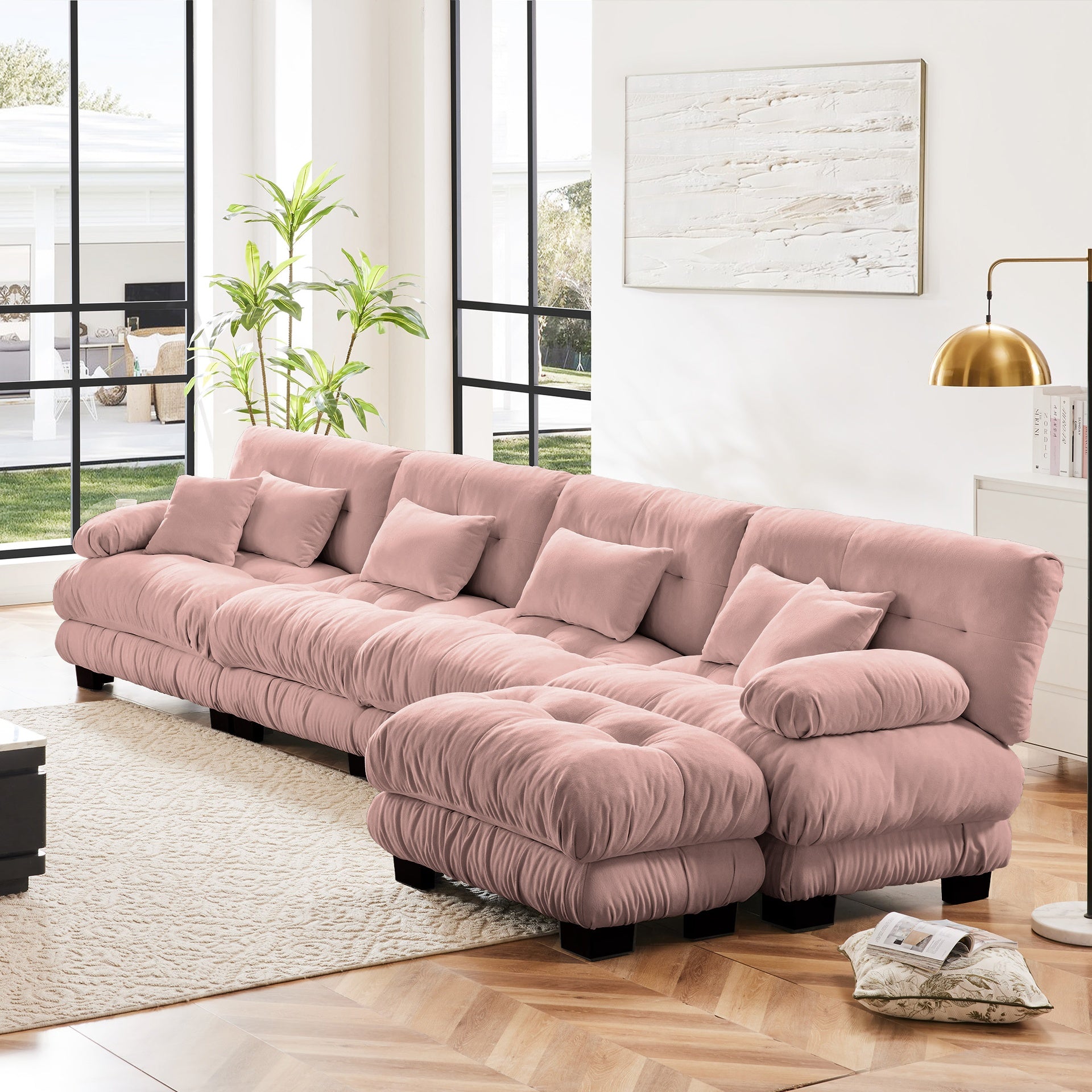 Free Combination, Modular Sectional Sofa,L Shaped Couch for Living Room, 4-Seater Comfy Cloud Couch with Convertible Ottoman,Chenille Pink