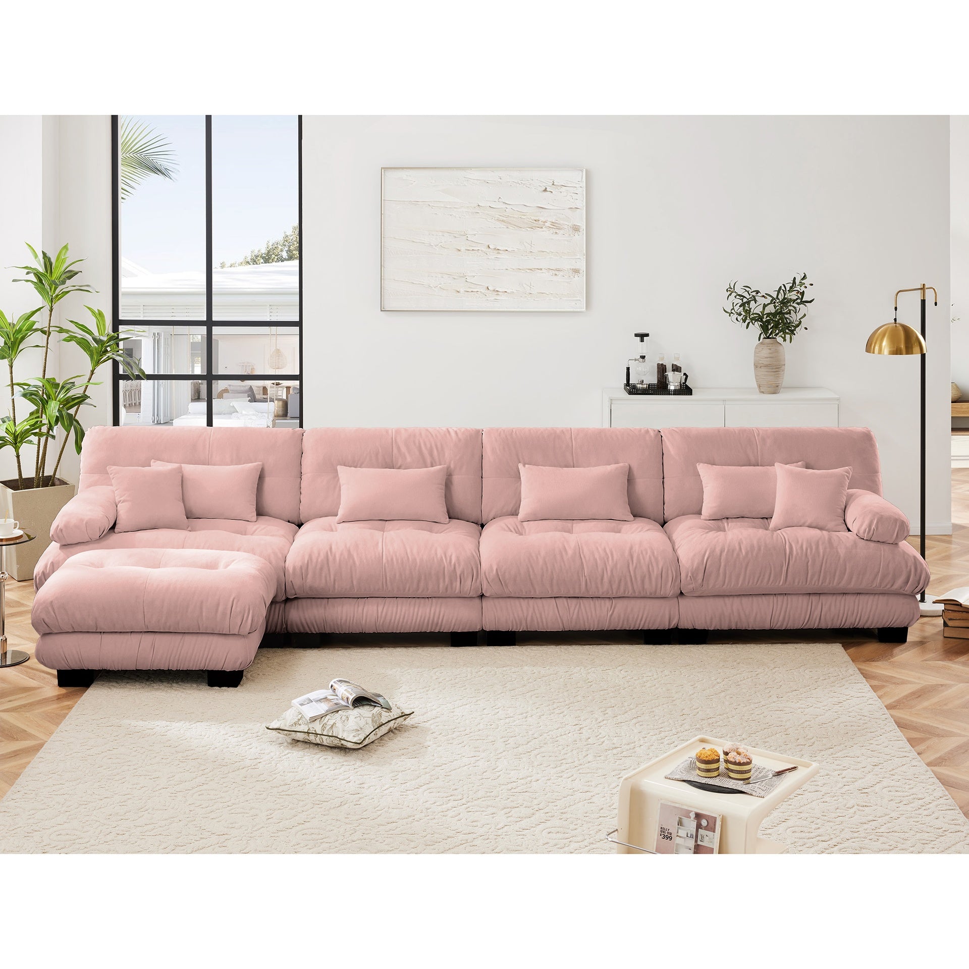 Free Combination, Modular Sectional Sofa,L Shaped Couch for Living Room, 4-Seater Comfy Cloud Couch with Convertible Ottoman,Chenille Pink