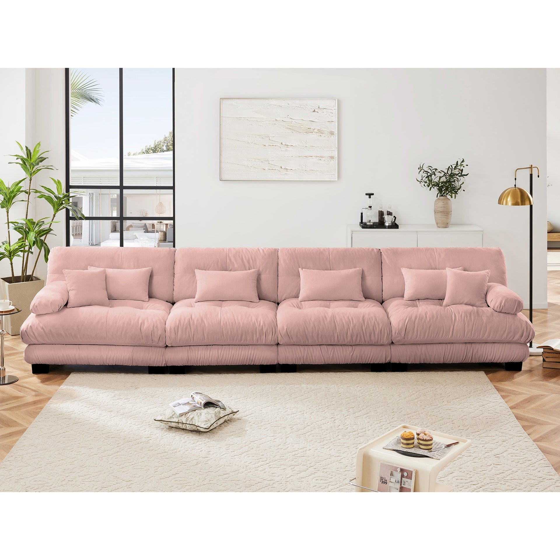 4-Seater Sectional Sofa Modular Deep Seat Sofa Couch , Chenille Sofa Comfy Upholstered Sofa for Living Room, Apartment, Studio, Office,Chenille Pink