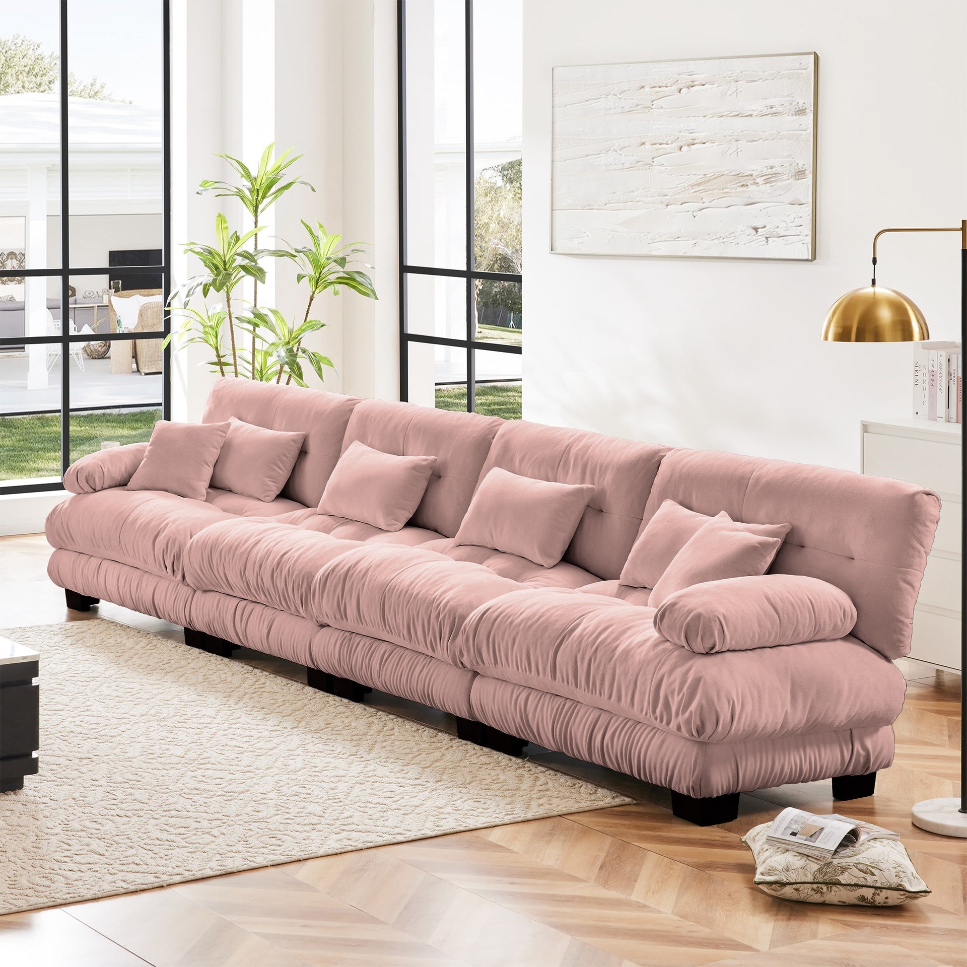 4-Seater Sectional Sofa Modular Deep Seat Sofa Couch , Chenille Sofa Comfy Upholstered Sofa for Living Room, Apartment, Studio, Office,Chenille Pink