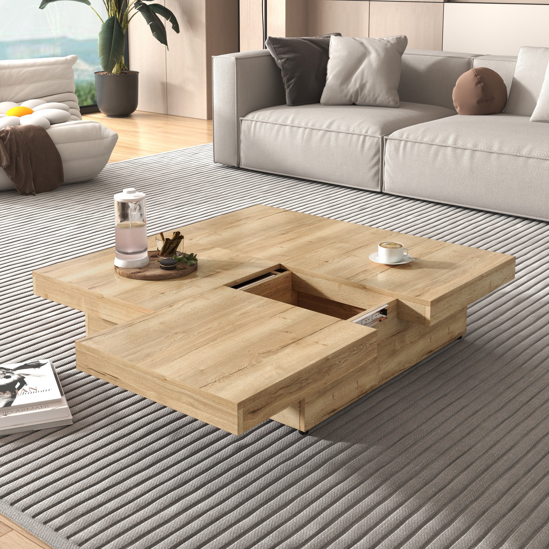 Square Veneer Coffee Table Sliding Top with Storage in Natural Wood Grain 39.4''