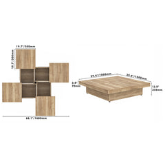 Square Veneer Coffee Table Sliding Top with Storage in Natural Wood Grain 39.4''
