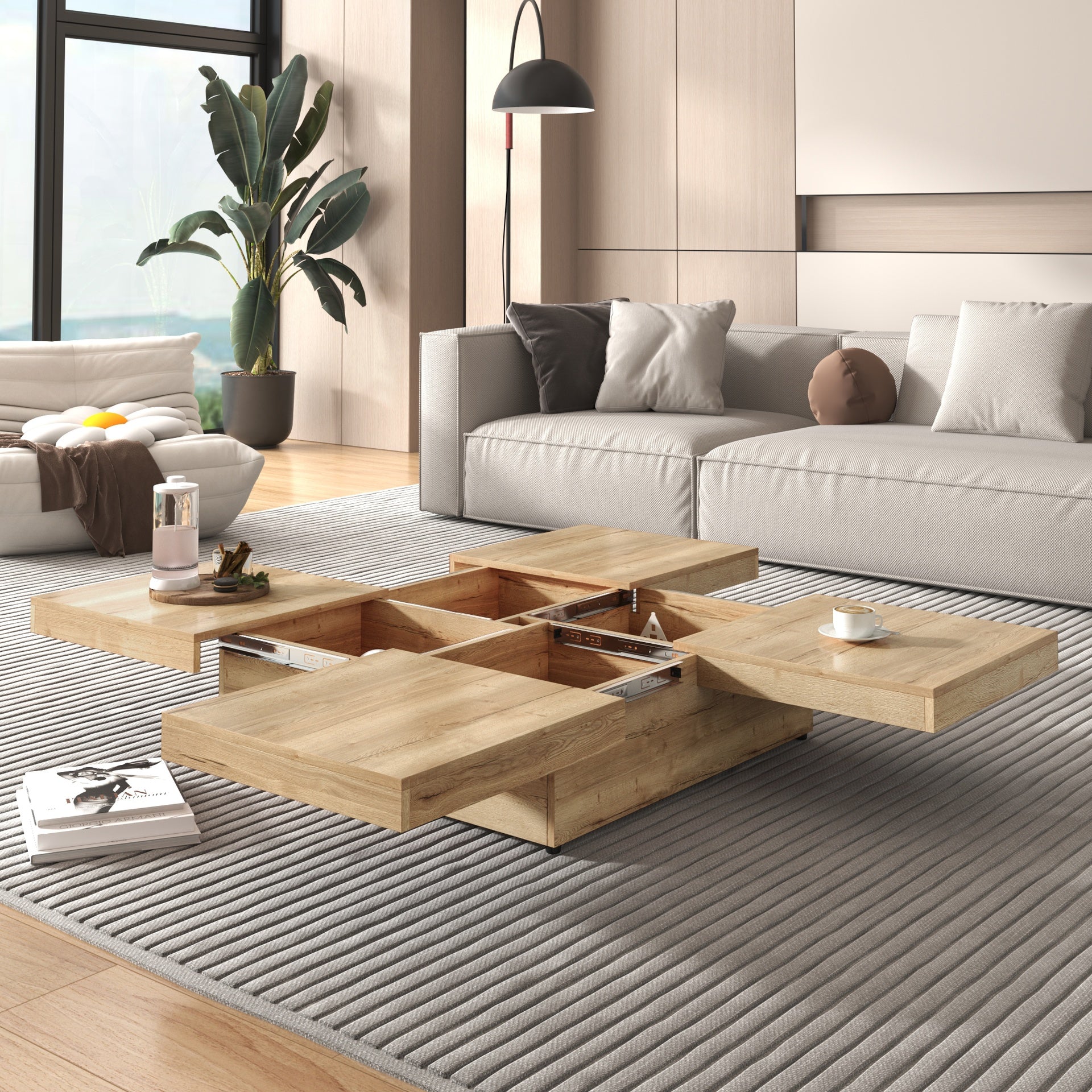 Square Veneer Coffee Table Sliding Top with Storage in Natural Wood Grain 39.4''