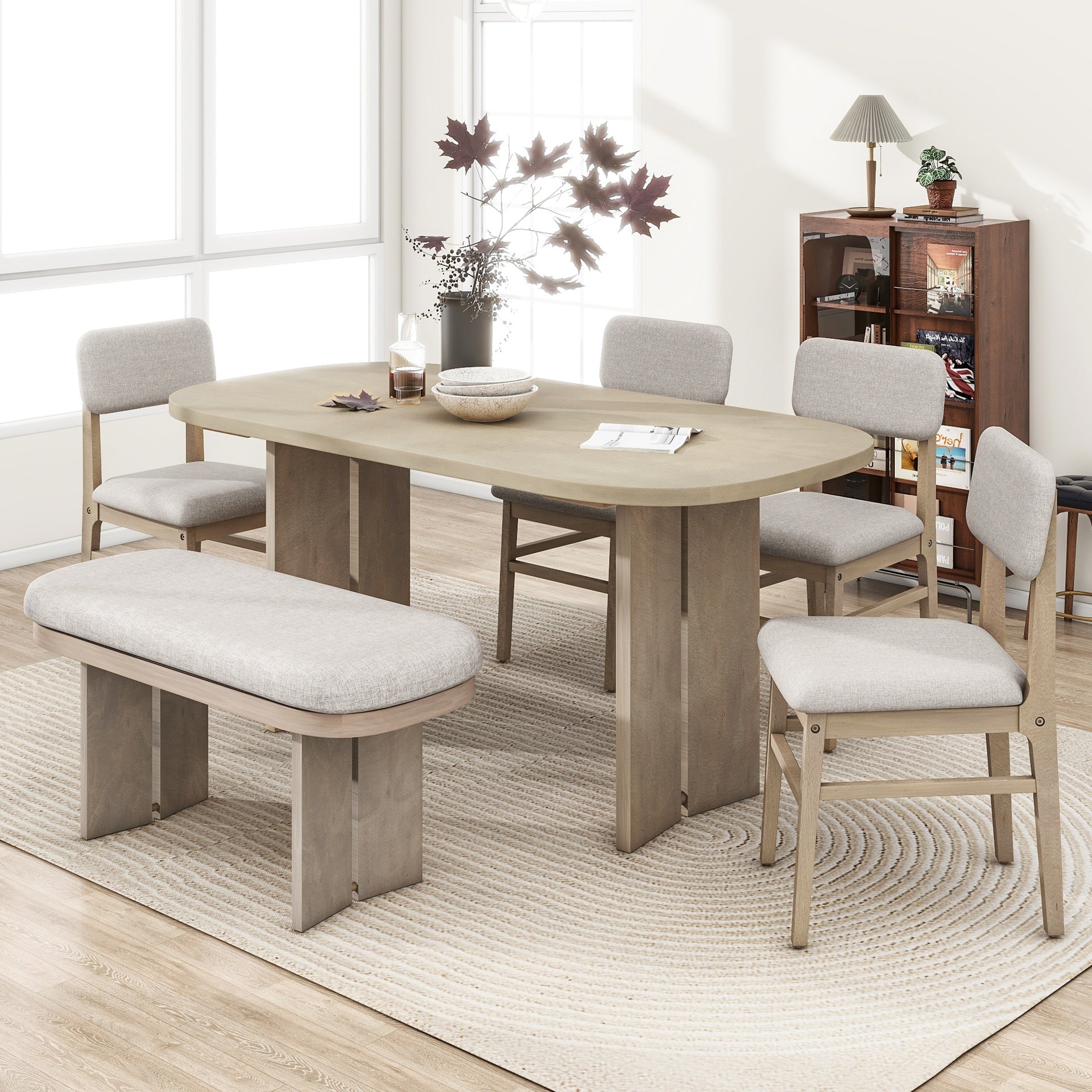 TOPMAX Solid Wood Dining Table Set with Bench - 6-Piece Upholstered Rectangular Dining Room Table Set with Bench, 2-Color Modern Farmhouse Kitchen Furniture for Family Gatherings,Natural