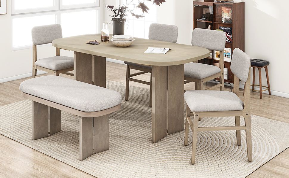 TOPMAX Solid Wood Dining Table Set with Bench - 6-Piece Upholstered Rectangular Dining Room Table Set with Bench, 2-Color Modern Farmhouse Kitchen Furniture for Family Gatherings,Natural