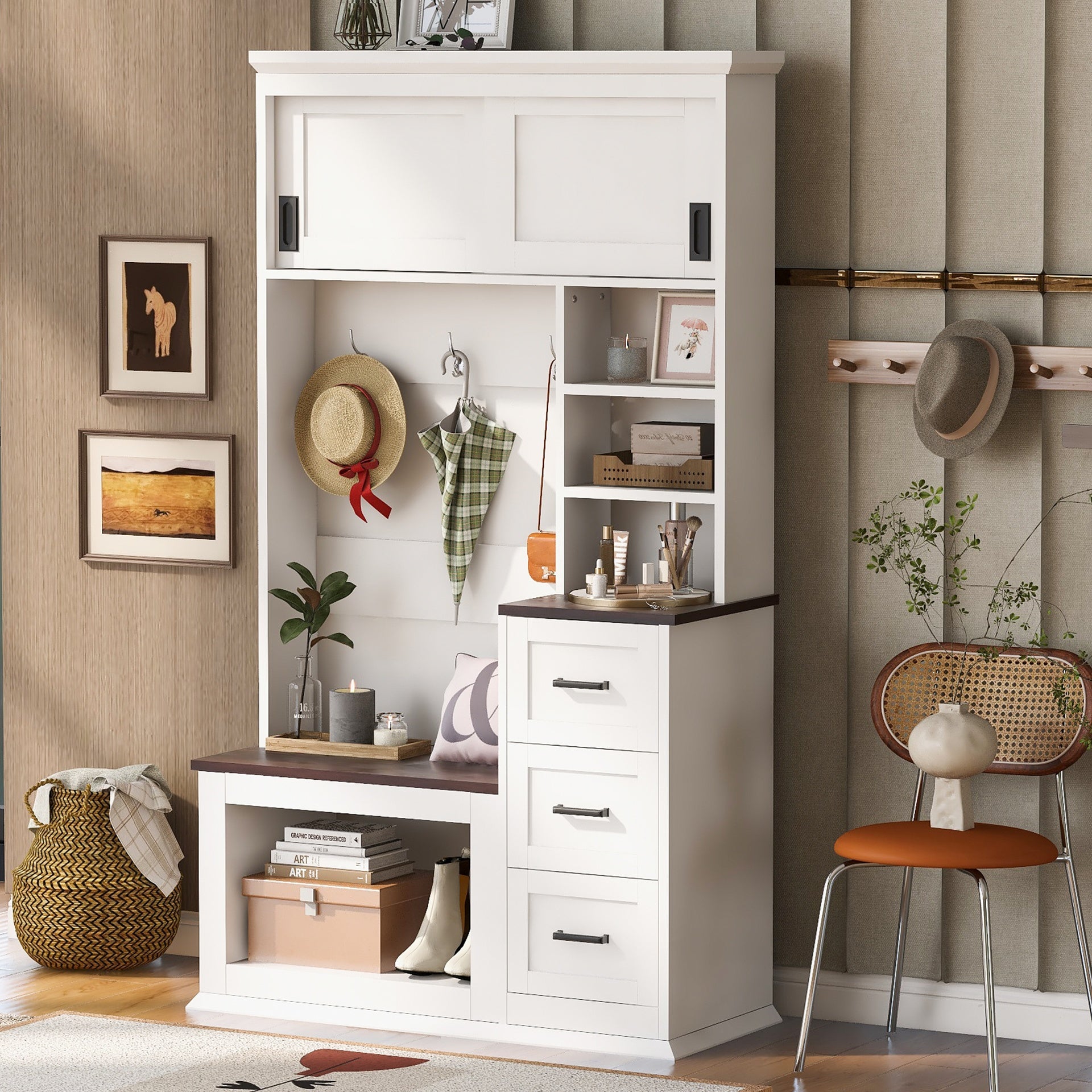 U-Can Modern Entryway Bench with Coat Rack, 3 Shelves and Drawers, 3 Sturdy Hooks, 40.2'' Wide Hall Tree with Storage Bench for Hallway, Entryway, Living Room