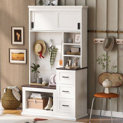 U-Can Modern Entryway Bench with Coat Rack, 3 Shelves and Drawers, 3 Sturdy Hooks, 40.2'' Wide Hall Tree with Storage Bench for Hallway, Entryway, Living Room