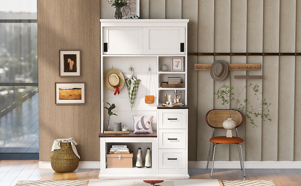 U-Can Modern Entryway Bench with Coat Rack, 3 Shelves and Drawers, 3 Sturdy Hooks, 40.2'' Wide Hall Tree with Storage Bench for Hallway, Entryway, Living Room