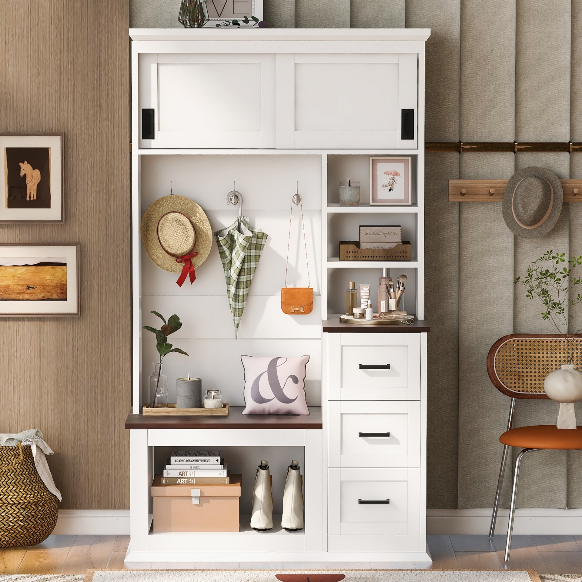 U-Can Modern Entryway Bench with Coat Rack, 3 Shelves and Drawers, 3 Sturdy Hooks, 40.2'' Wide Hall Tree with Storage Bench for Hallway, Entryway, Living Room