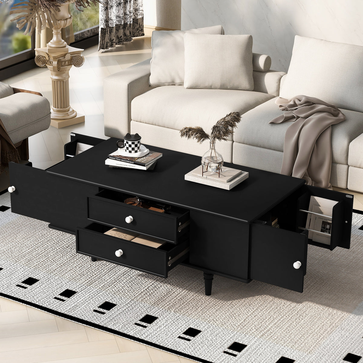 U-Can Modern Rectangle Coffee Table with Four Drawers, Two Side Hidden Storage Compartments, 47.2" Wood Coffee Table with Metal Handles and Four Solid Wood Legs for Living Room