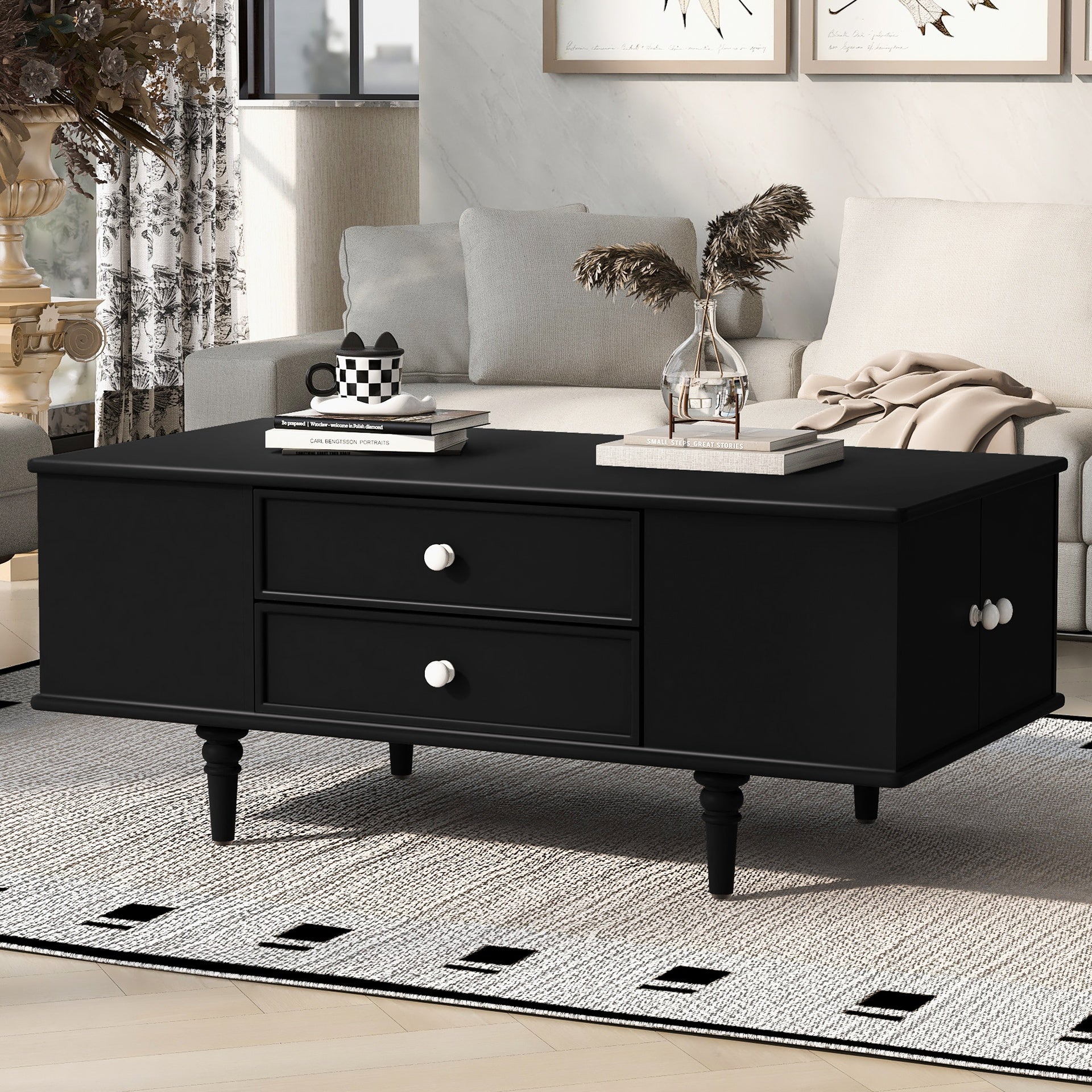 U-Can Modern Rectangle Coffee Table with Four Drawers, Two Side Hidden Storage Compartments, 47.2" Wood Coffee Table with Metal Handles and Four Solid Wood Legs for Living Room