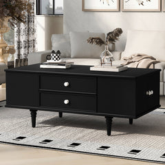 U-Can Modern Rectangle Coffee Table with Four Drawers, Two Side Hidden Storage Compartments, 47.2" Wood Coffee Table with Metal Handles and Four Solid Wood Legs for Living Room