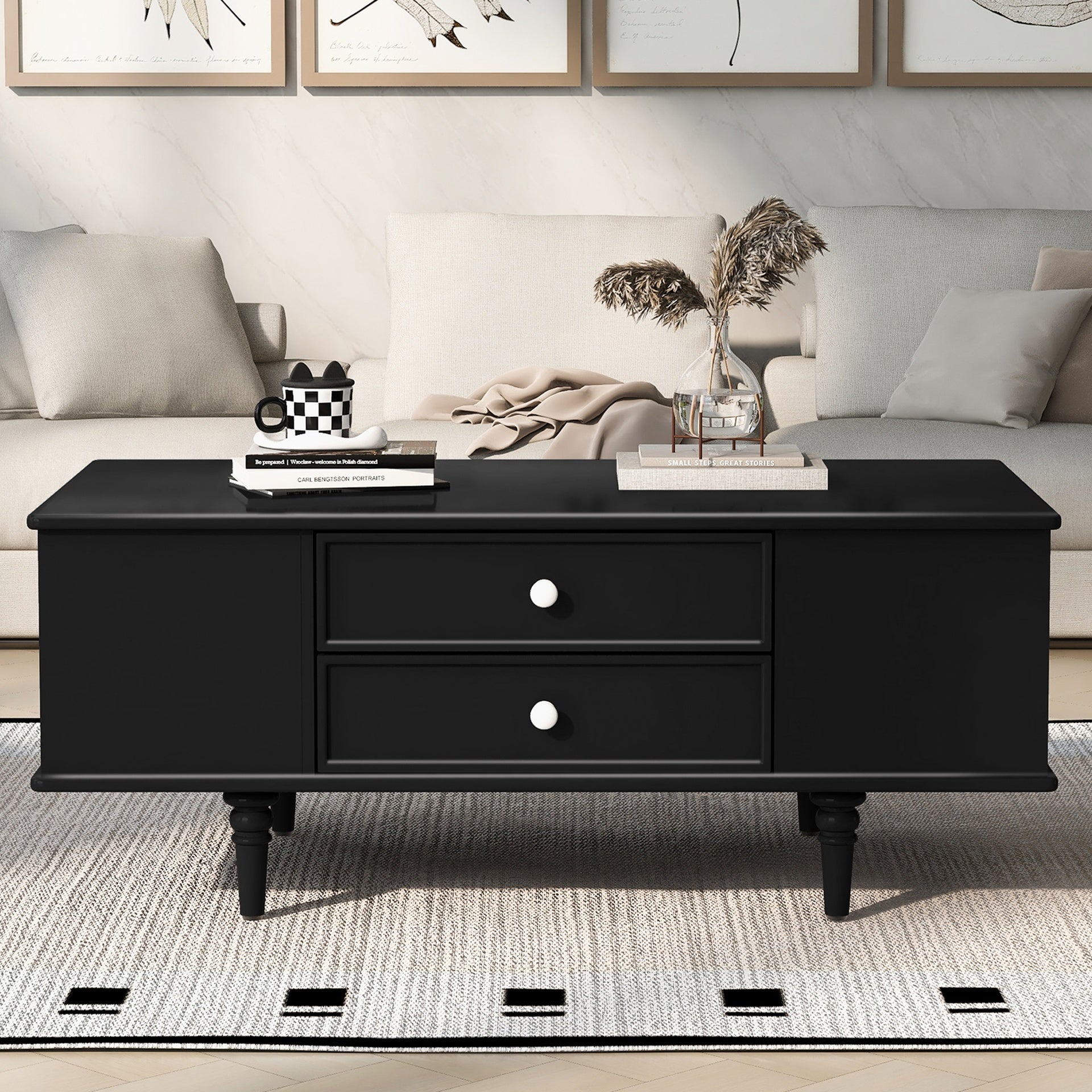 U-Can Modern Rectangle Coffee Table with Four Drawers, Two Side Hidden Storage Compartments, 47.2" Wood Coffee Table with Metal Handles and Four Solid Wood Legs for Living Room