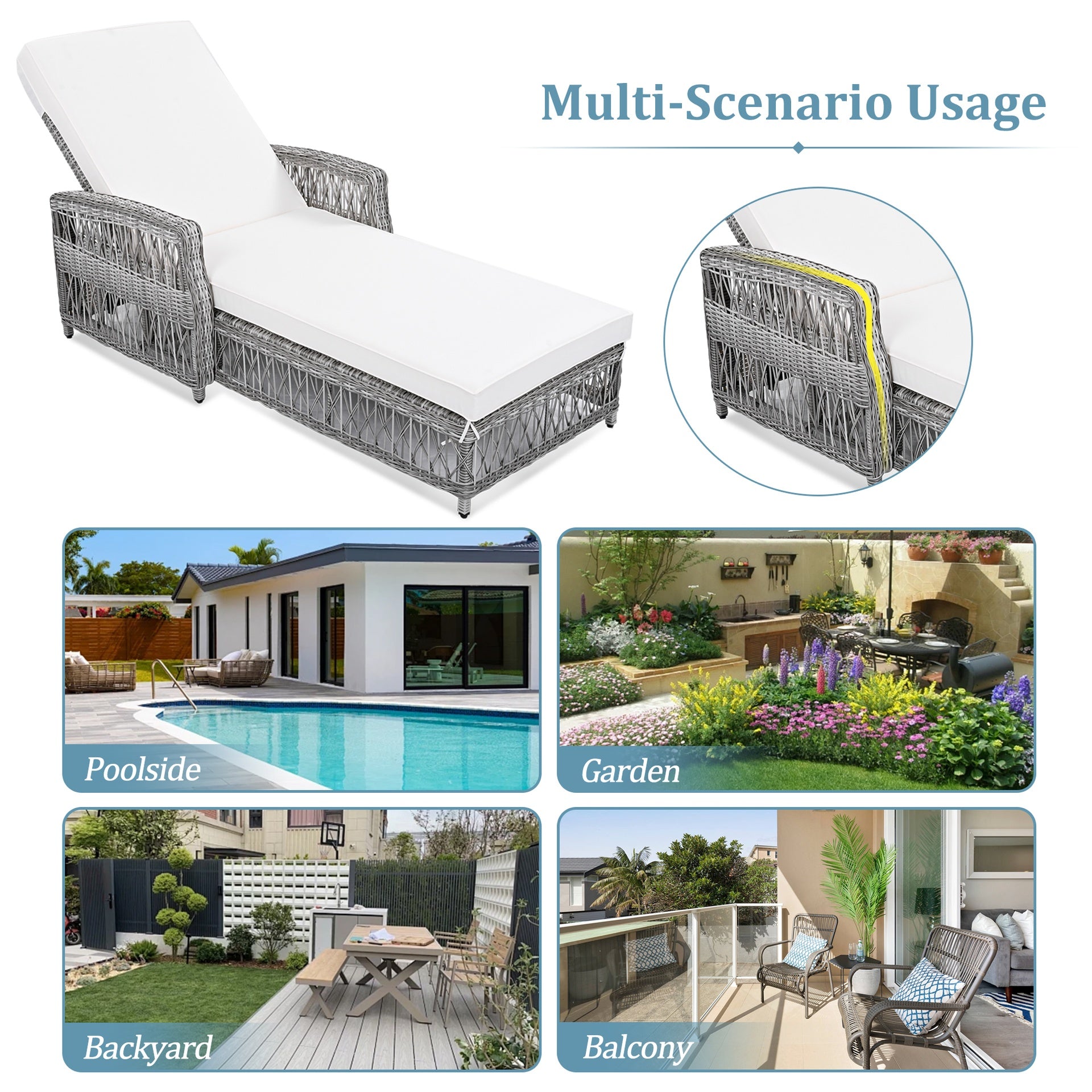 GO Outdoor Long Reclining Chaise, Wicker Lounge with Armrests, Patio Adjustable Recliner with Soft Removable Cushions, All Weather Rattan Pool Lounge for Poolside & Garden, Beige