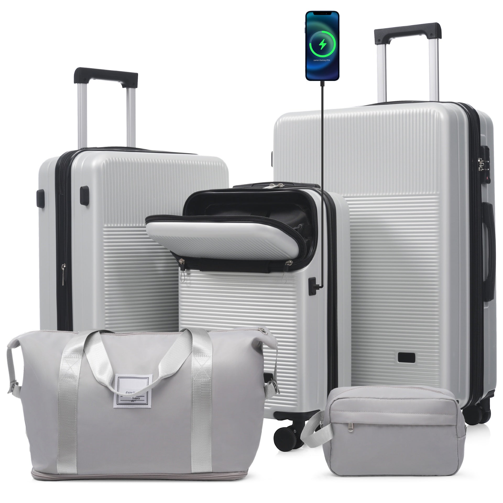 Luggage Sets 5 Piece with Half-opening, Hardside Carry On Suitcase Set with Double Spinner Wheel, Lightweight Travel Luggage with USB Port,TSA Locks