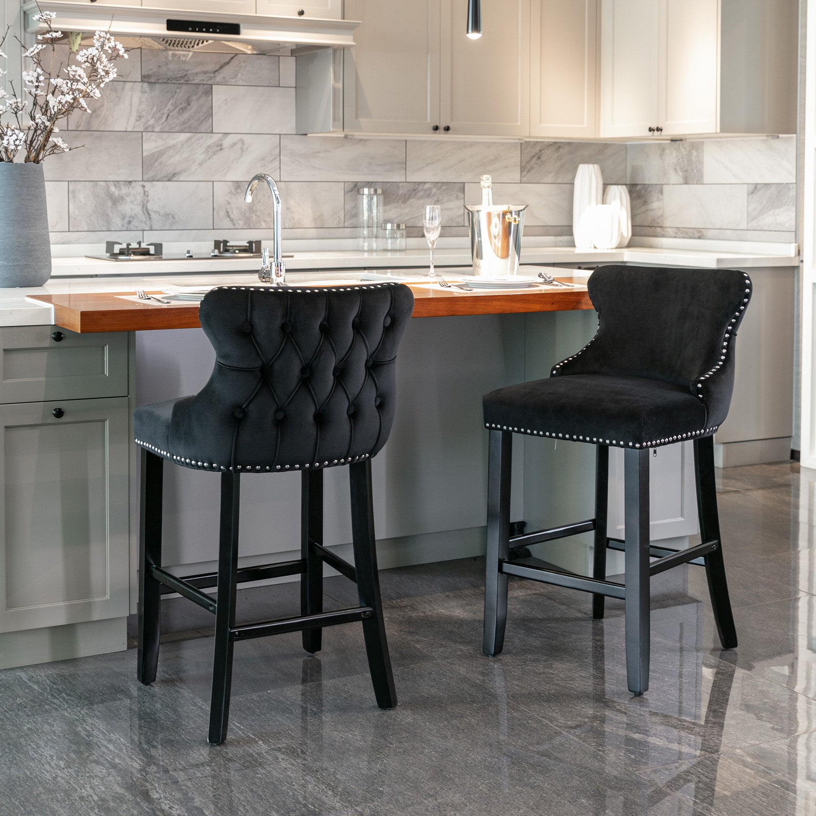A&amp;A Furniture,Contemporary Velvet Upholstered Wing-Back Barstools with Button Tufted Decoration and Wooden Legs, and Chrome Nailhead Trim, Leisure Style Bar Chairs,Bar stools,Set of 2 (Black),SW1824BK
