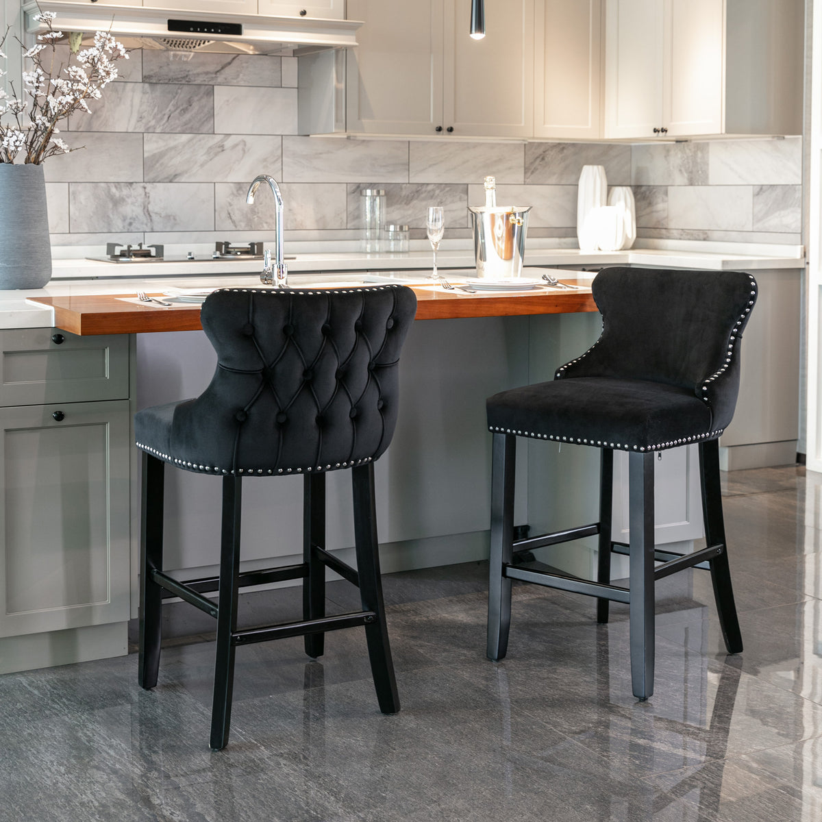 A&amp;A Furniture,Contemporary Velvet Upholstered Wing-Back Barstools with Button Tufted Decoration and Wooden Legs, and Chrome Nailhead Trim, Leisure Style Bar Chairs,Bar stools,Set of 2 (Black),SW1824BK