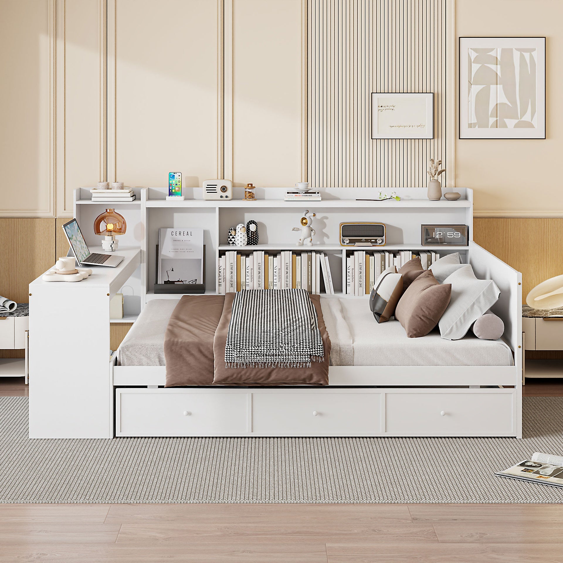 Full Size Wooden Daybed With 3 Drawers, USB Ports and desk ,White