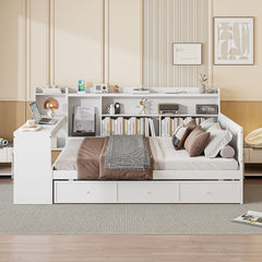 Full Size Wooden Daybed With 3 Drawers, USB Ports and desk ,White