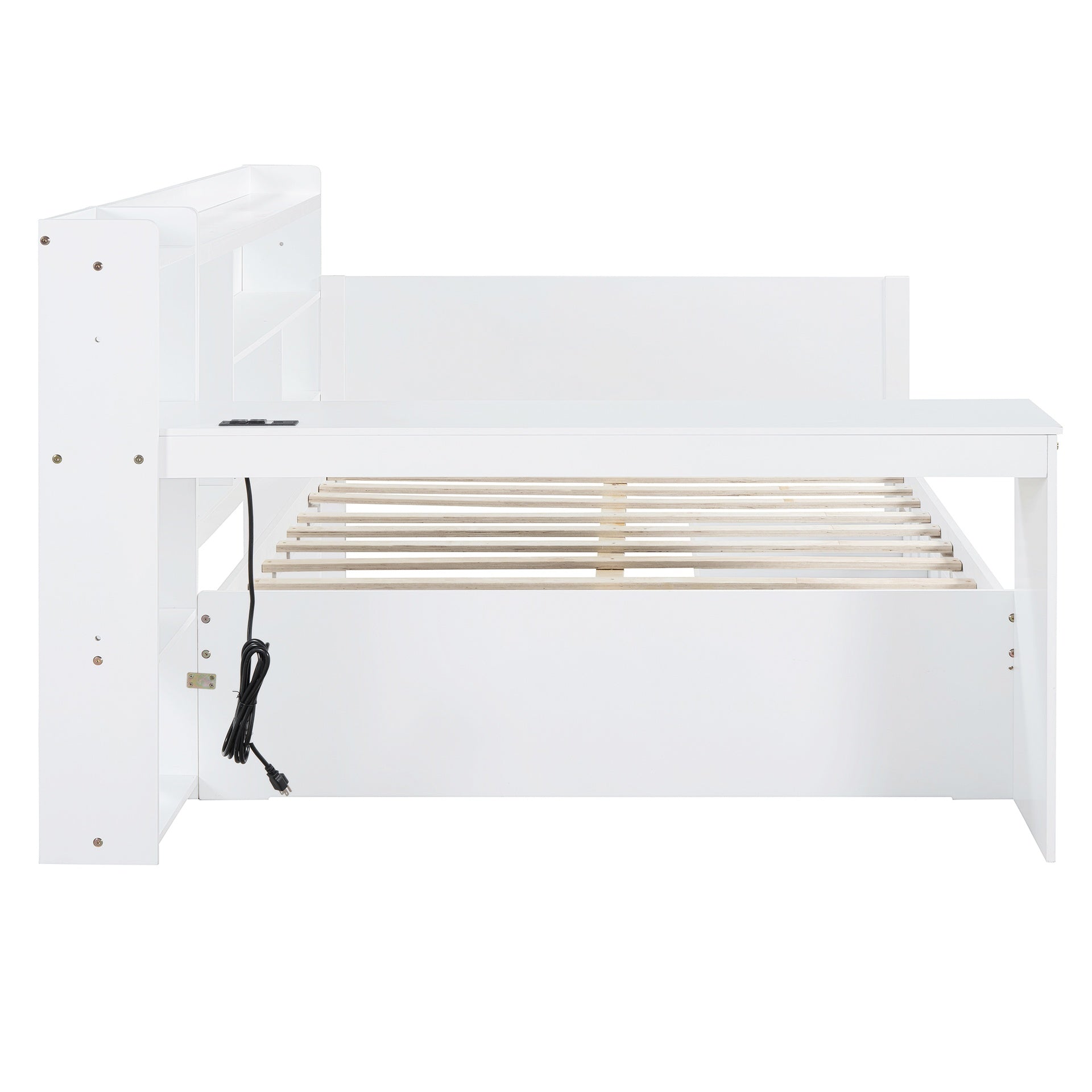 Full Size Wooden Daybed With 3 Drawers, USB Ports and desk ,White