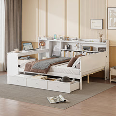 Full Size Wooden Daybed With 3 Drawers, USB Ports and desk ,White