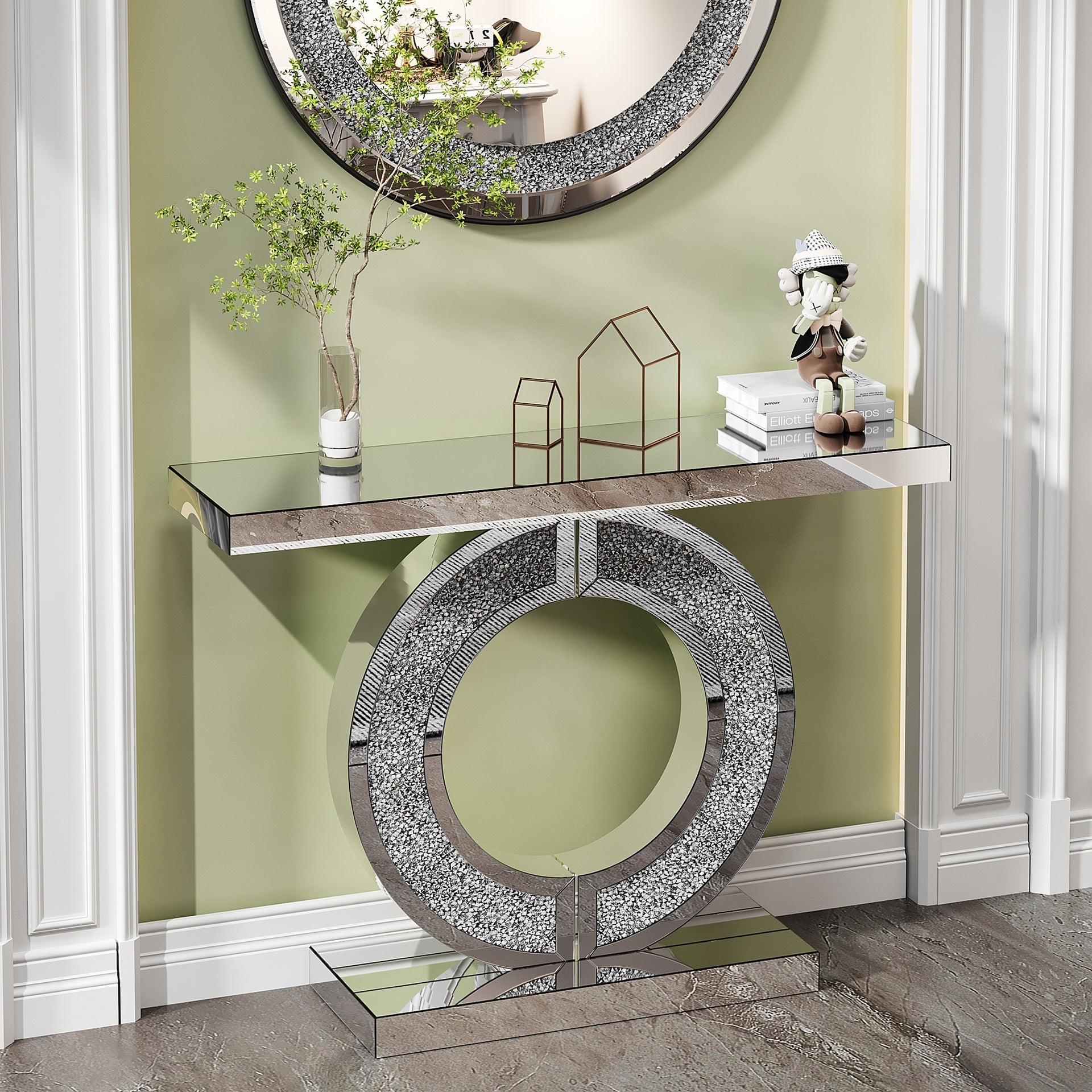 O Shaped Mirror Console Table with Crystal Hallway Entry Home Décor, Handicrafts Mirror Table for Living Room,Mirror Glass Table for Room
