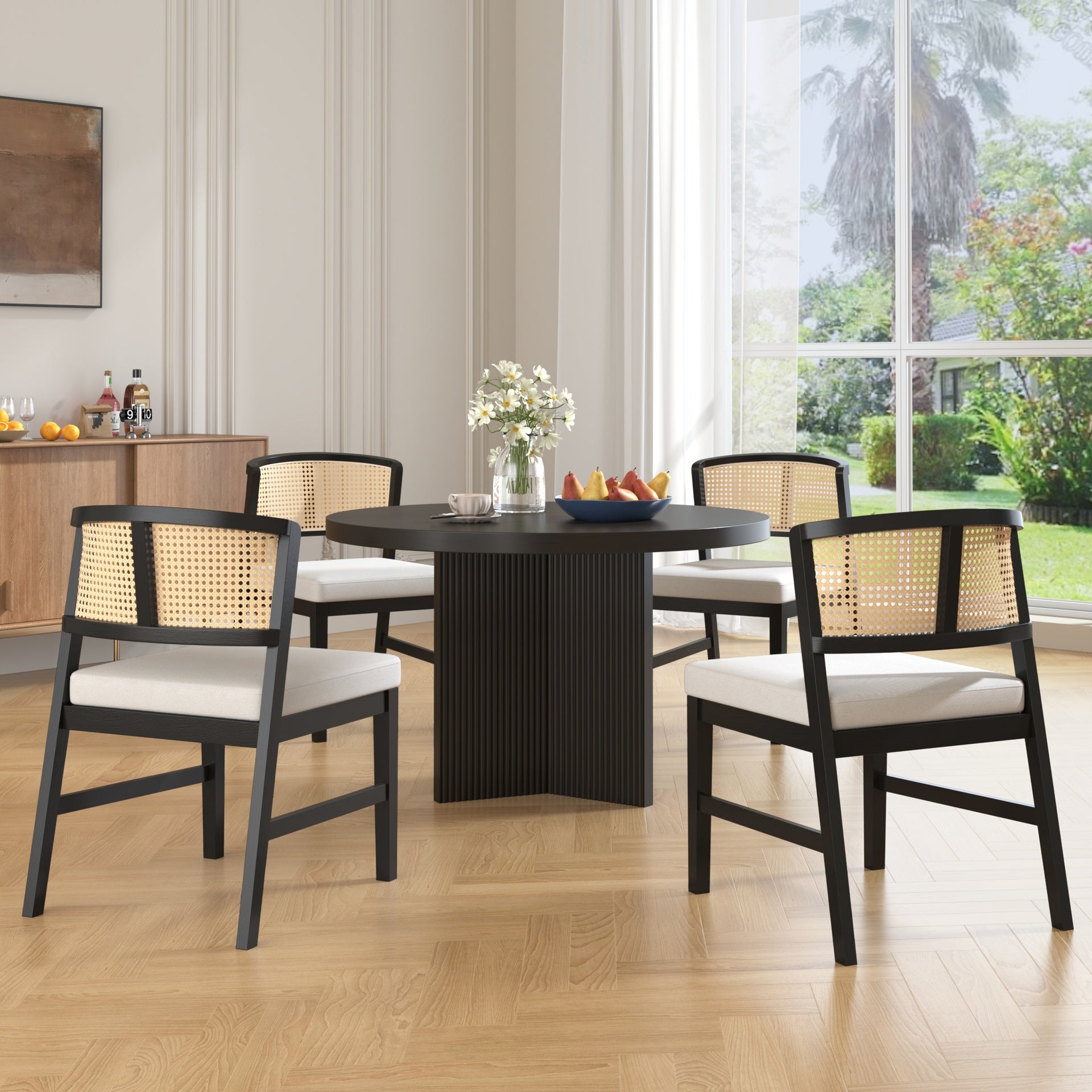 Rattan Dining Chairs Set of 2, Fabric Upholstered Kitchen Side Chair, Curved Rattan Back, with  Hardwood Frame, Armless Chairs for Kitchen/Restaurant, Black
