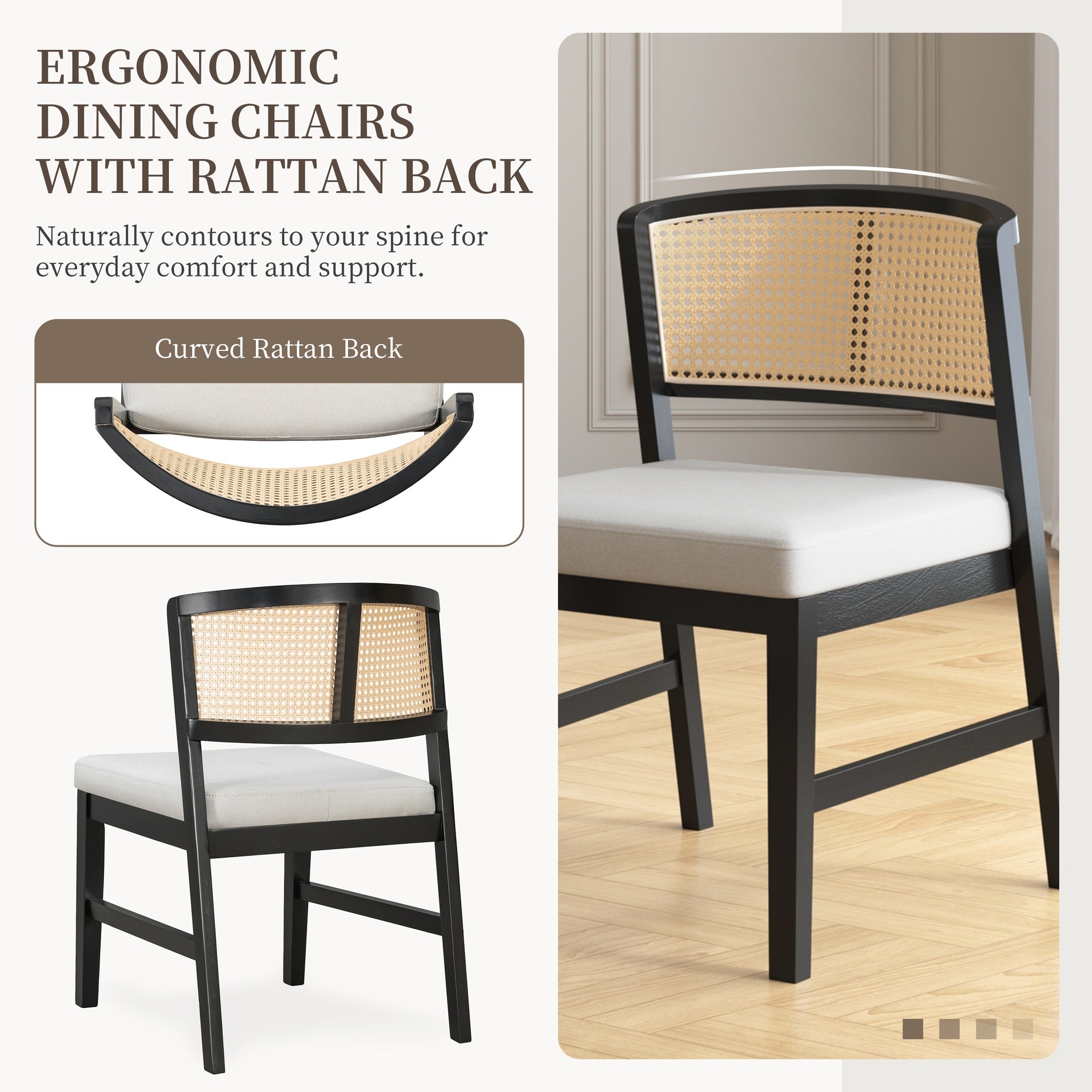 Rattan Dining Chairs Set of 2, Fabric Upholstered Kitchen Side Chair, Curved Rattan Back, with  Hardwood Frame, Armless Chairs for Kitchen/Restaurant, Black