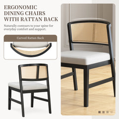 Rattan Dining Chairs Set of 2, Fabric Upholstered Kitchen Side Chair, Curved Rattan Back, with  Hardwood Frame, Armless Chairs for Kitchen/Restaurant, Black