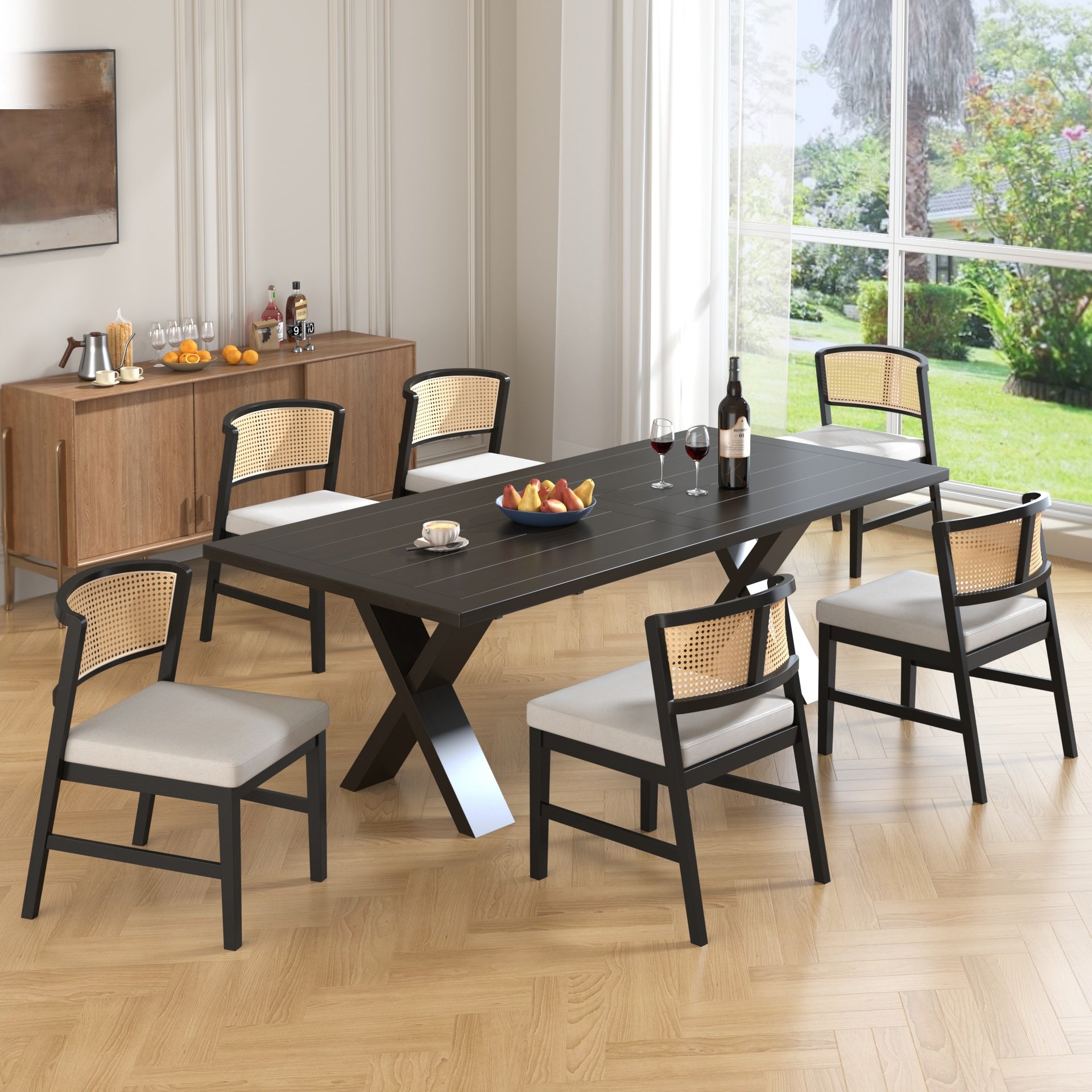 Rattan Dining Chairs Set of 2, Fabric Upholstered Kitchen Side Chair, Curved Rattan Back, with  Hardwood Frame, Armless Chairs for Kitchen/Restaurant, Black
