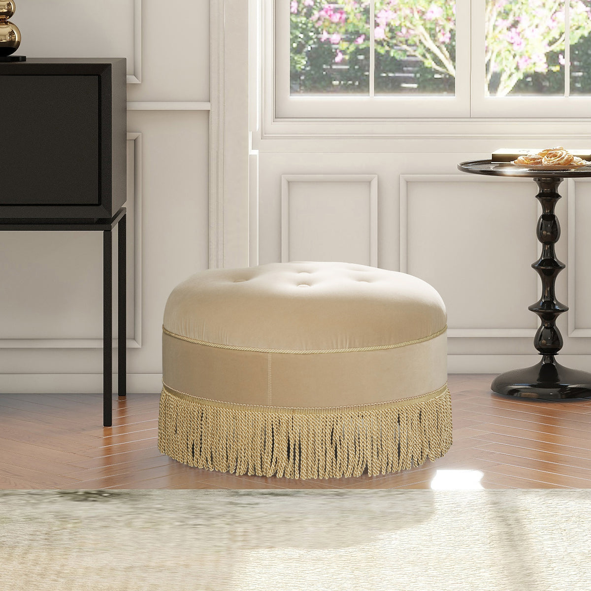 Yolanda 24" Round Upholstered Accent Ottoman, Fawn Brown Performance Velvet